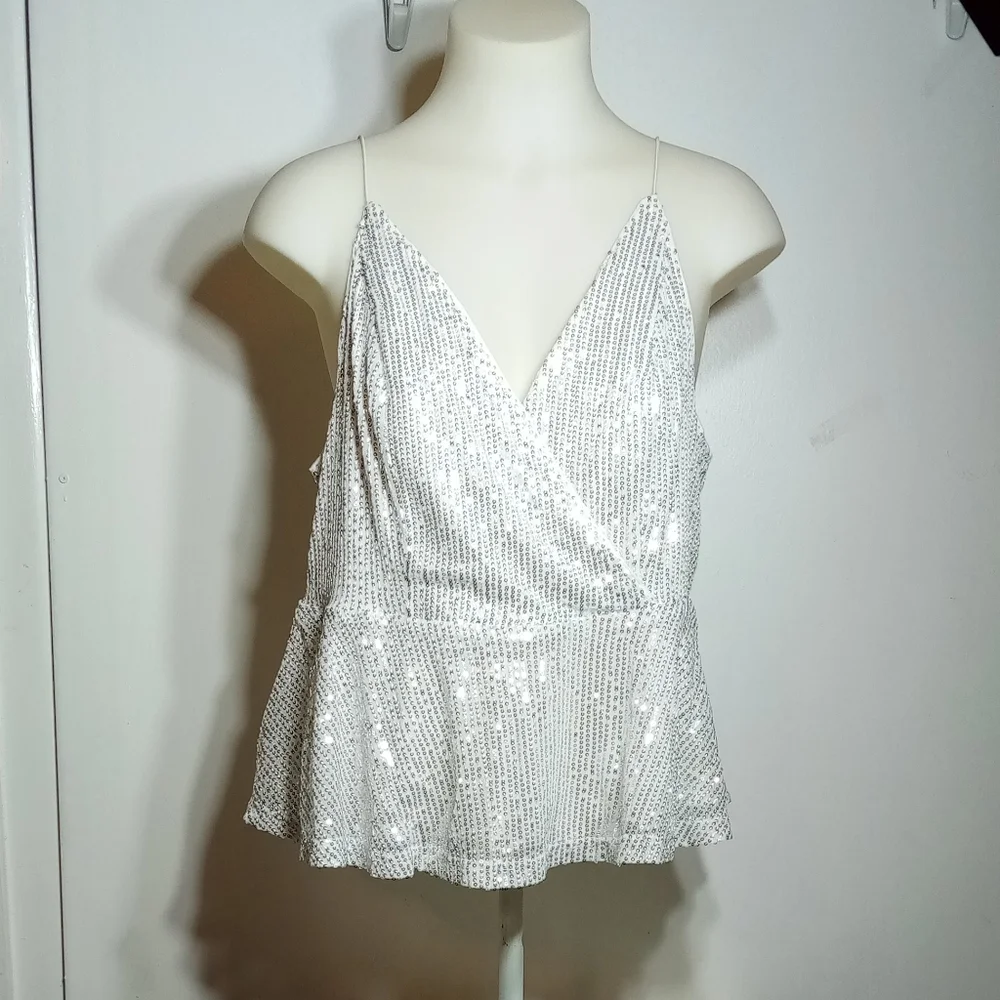 Shein Curve Silver Sequin Overlap Collar Peplum Hem Cami Top Sz XL - Picture 9 of 9